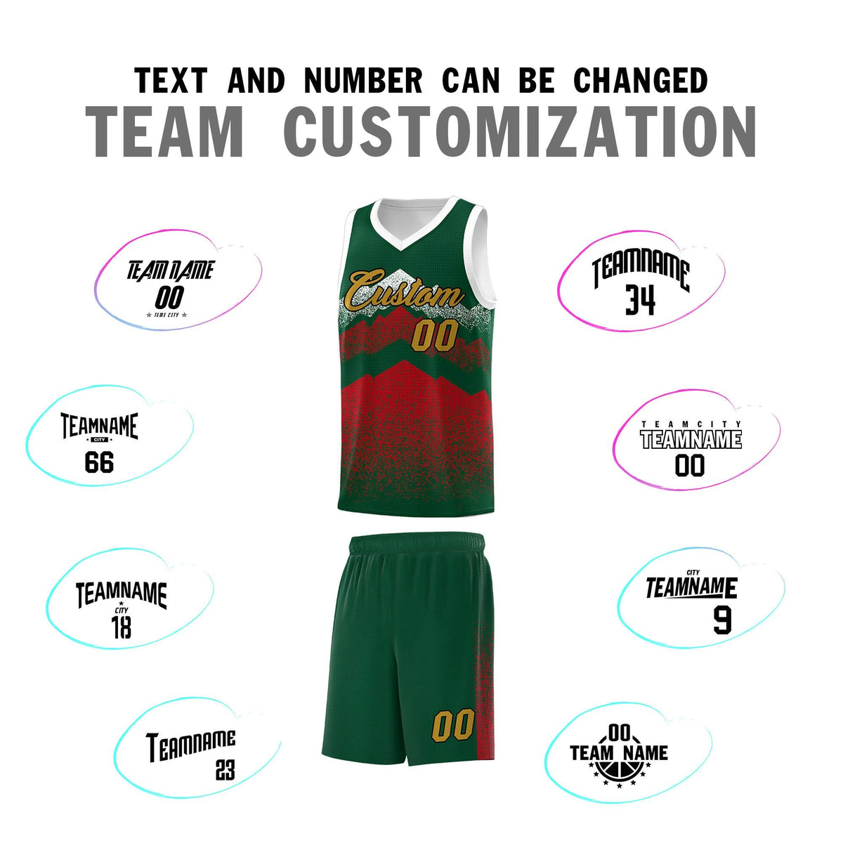 Personalized Youth Basketball Jerseys   Green Red Gradient Mountain Design Uniforms
