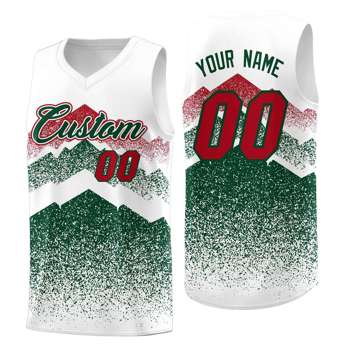 Custom Youth Basketball Jerseys White Green Gradient Mountain Design Uniforms