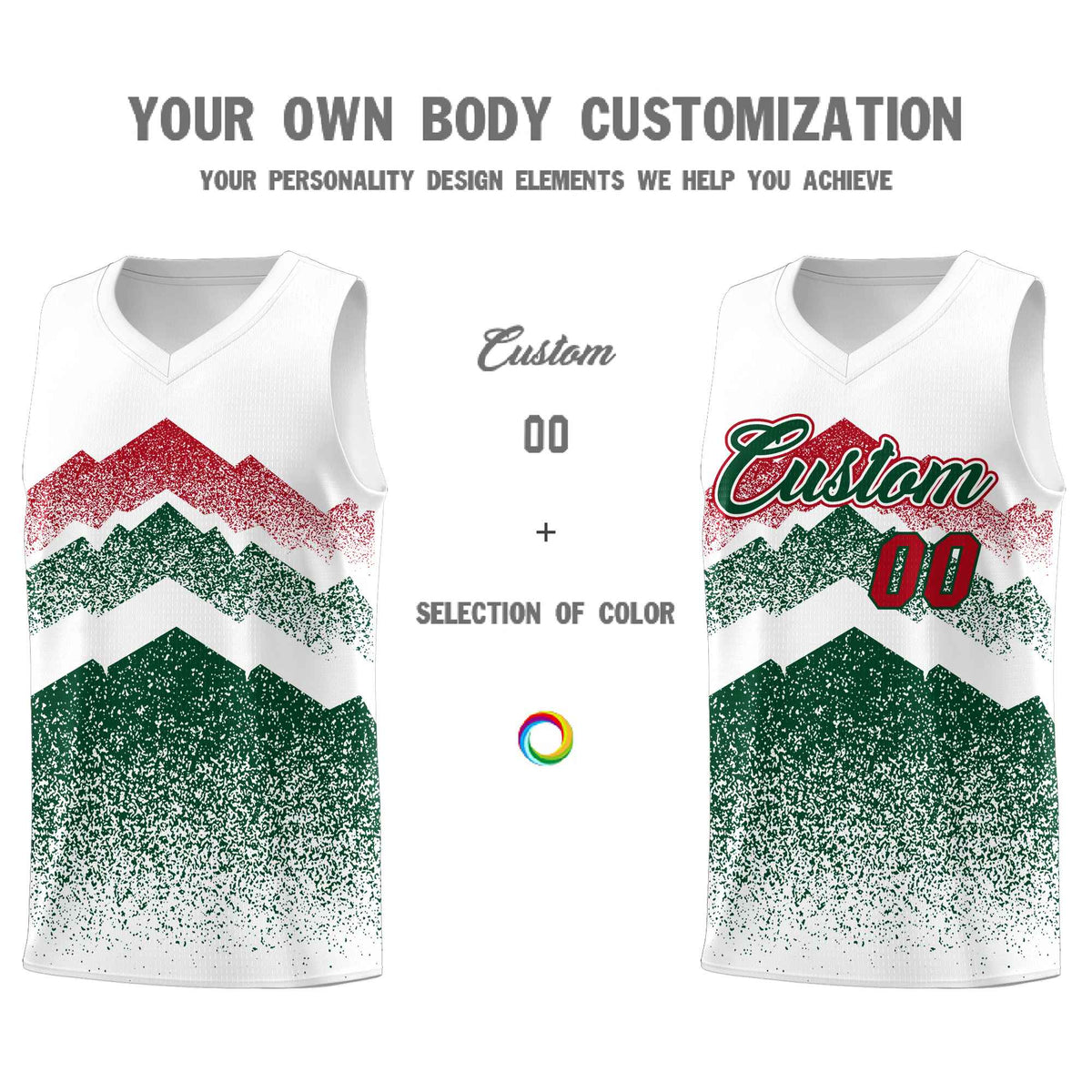 Custom Youth Basketball Jerseys White Green Gradient Mountain Design Uniforms