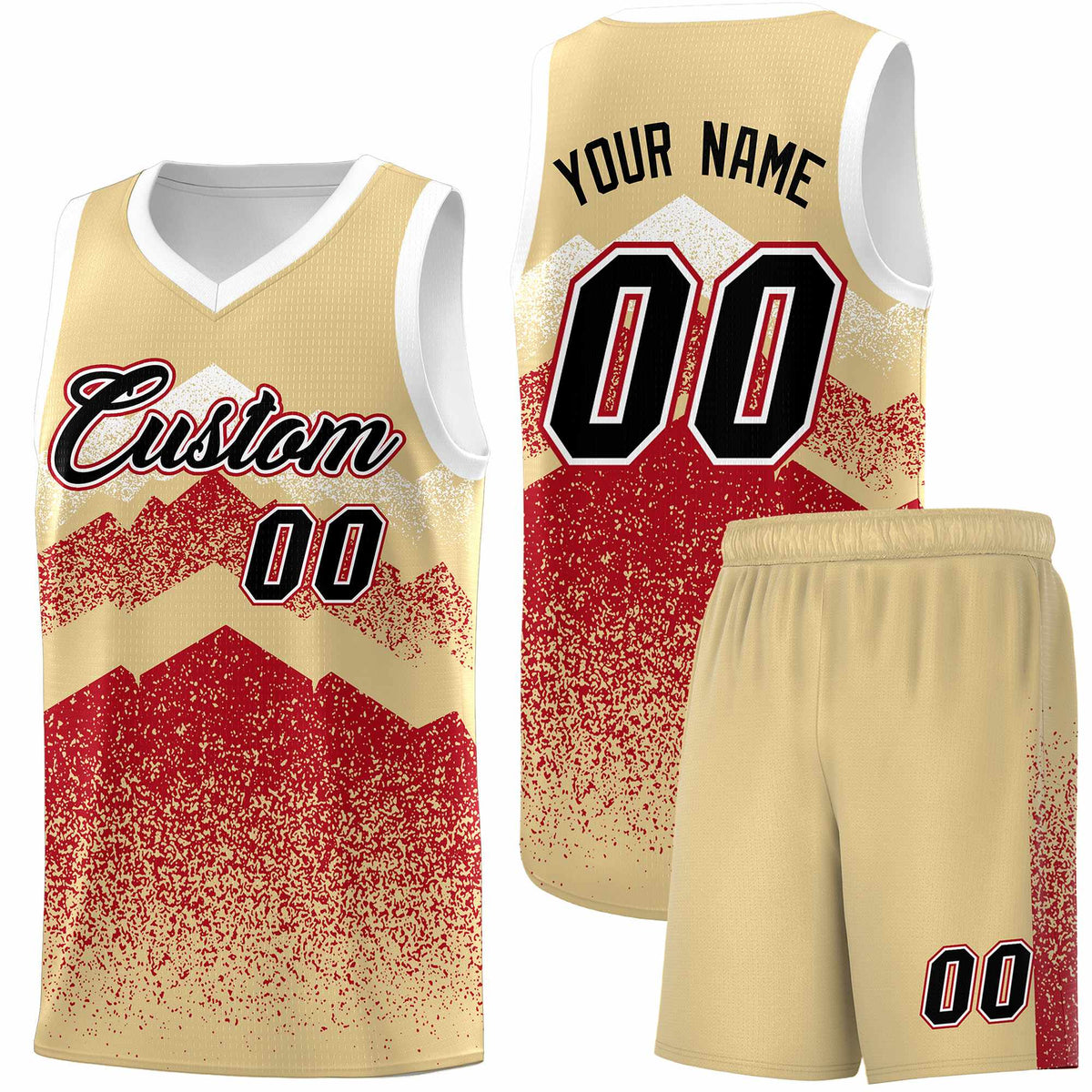 Custom Youth Basketball Jerseys Khaki Red Gradient Mountain Design Uniforms