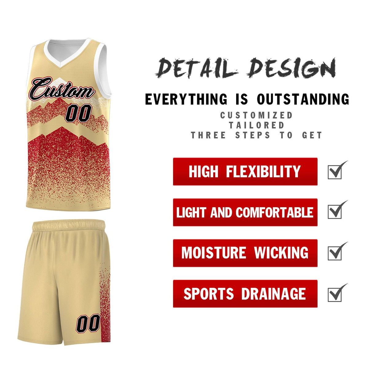 Custom Youth Basketball Jerseys Khaki Red Gradient Mountain Design Uniforms