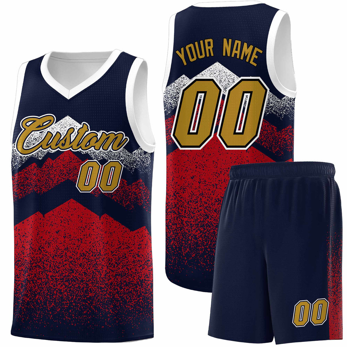 Personalized Youth Basketball Jerseys   Navy Red Gradient Mountain Design Uniforms