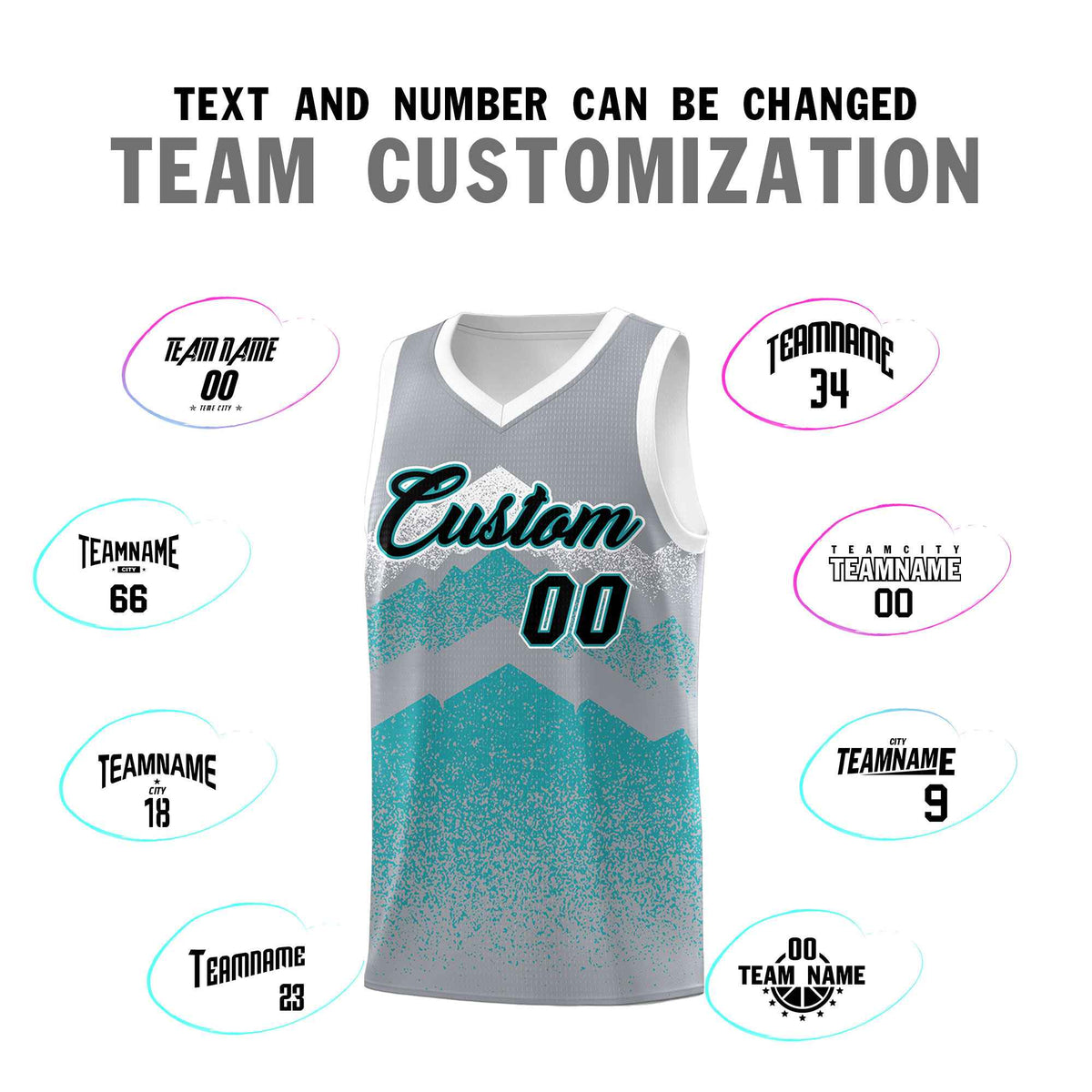 Personalized Youth Basketball Jerseys   Silver Teal Gradient Mountain Design Uniforms