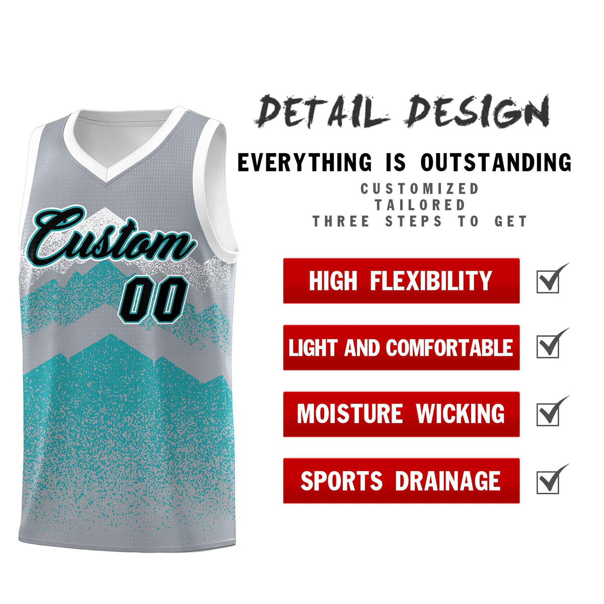 Personalized Youth Basketball Jerseys   Silver Teal Gradient Mountain Design Uniforms