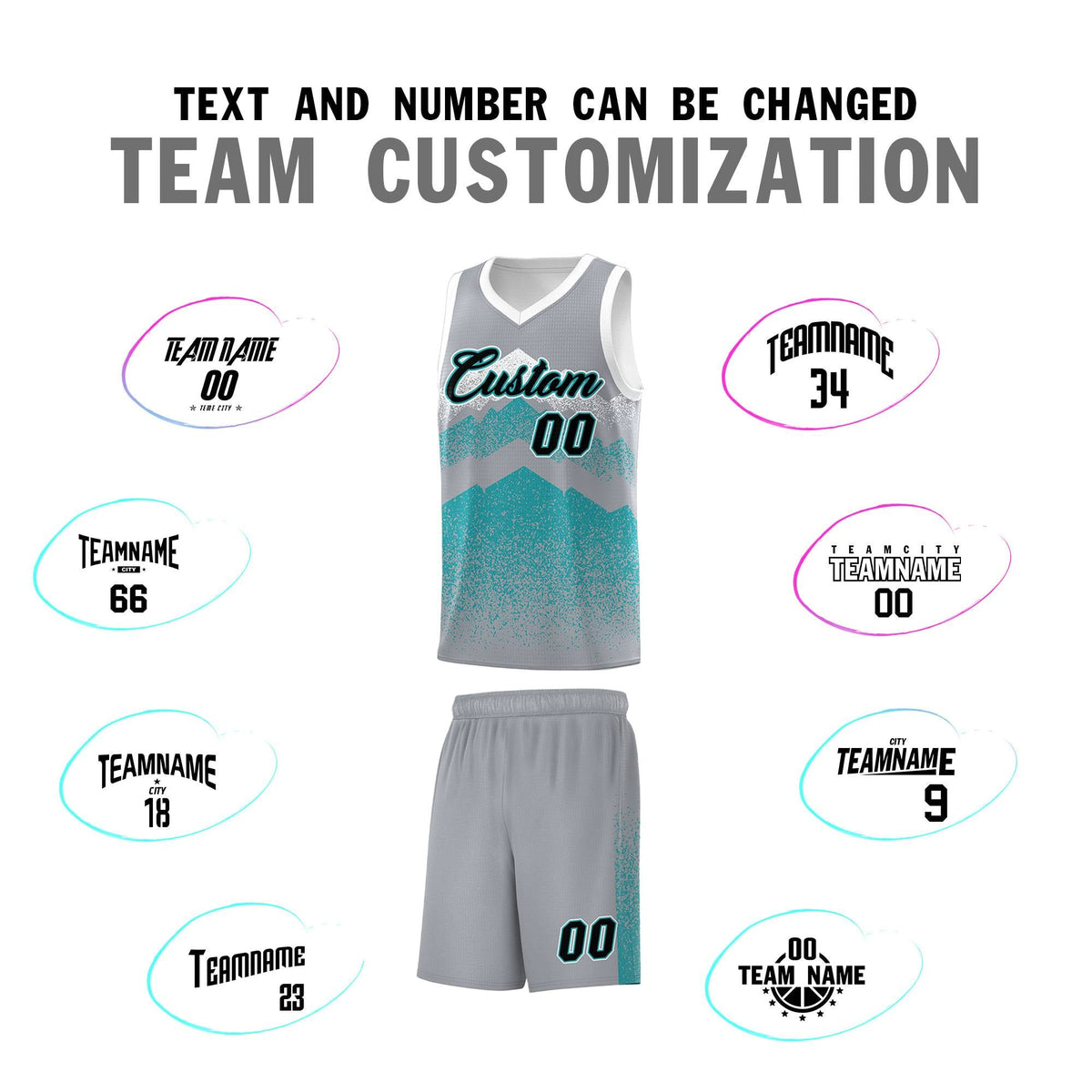 Personalized Youth Basketball Jerseys   Silver Teal Gradient Mountain Design Uniforms