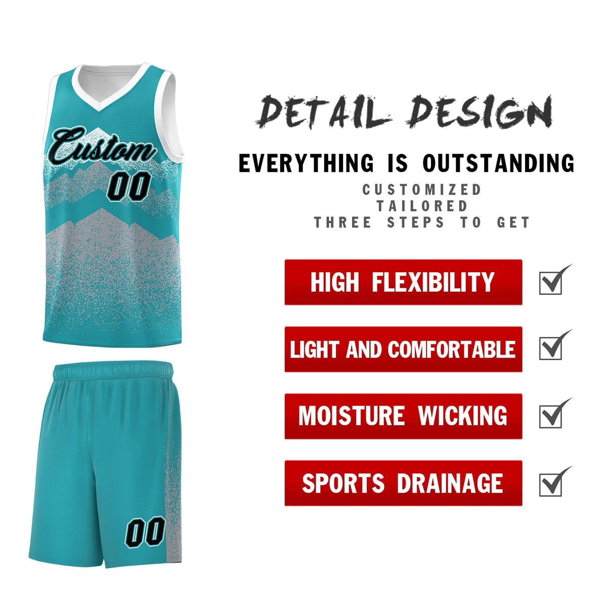 Custom Youth Basketball Jerseys Teal Silver Gradient Mountain Design Uniforms