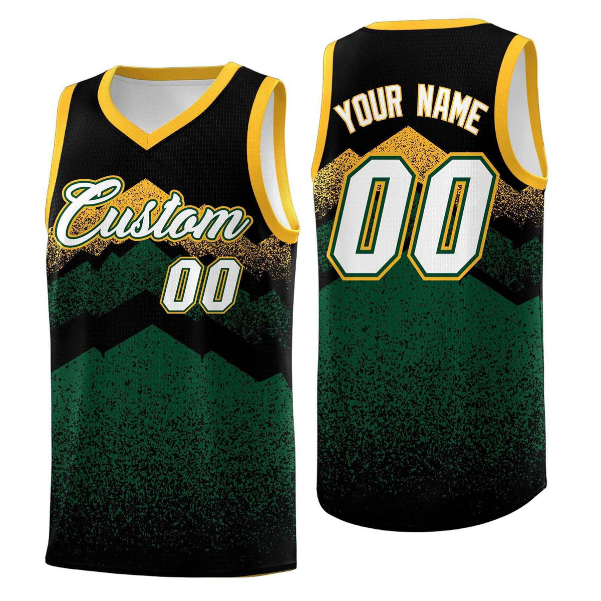 Custom Youth Basketball Jerseys Black Green Gradient Mountain Design Uniforms