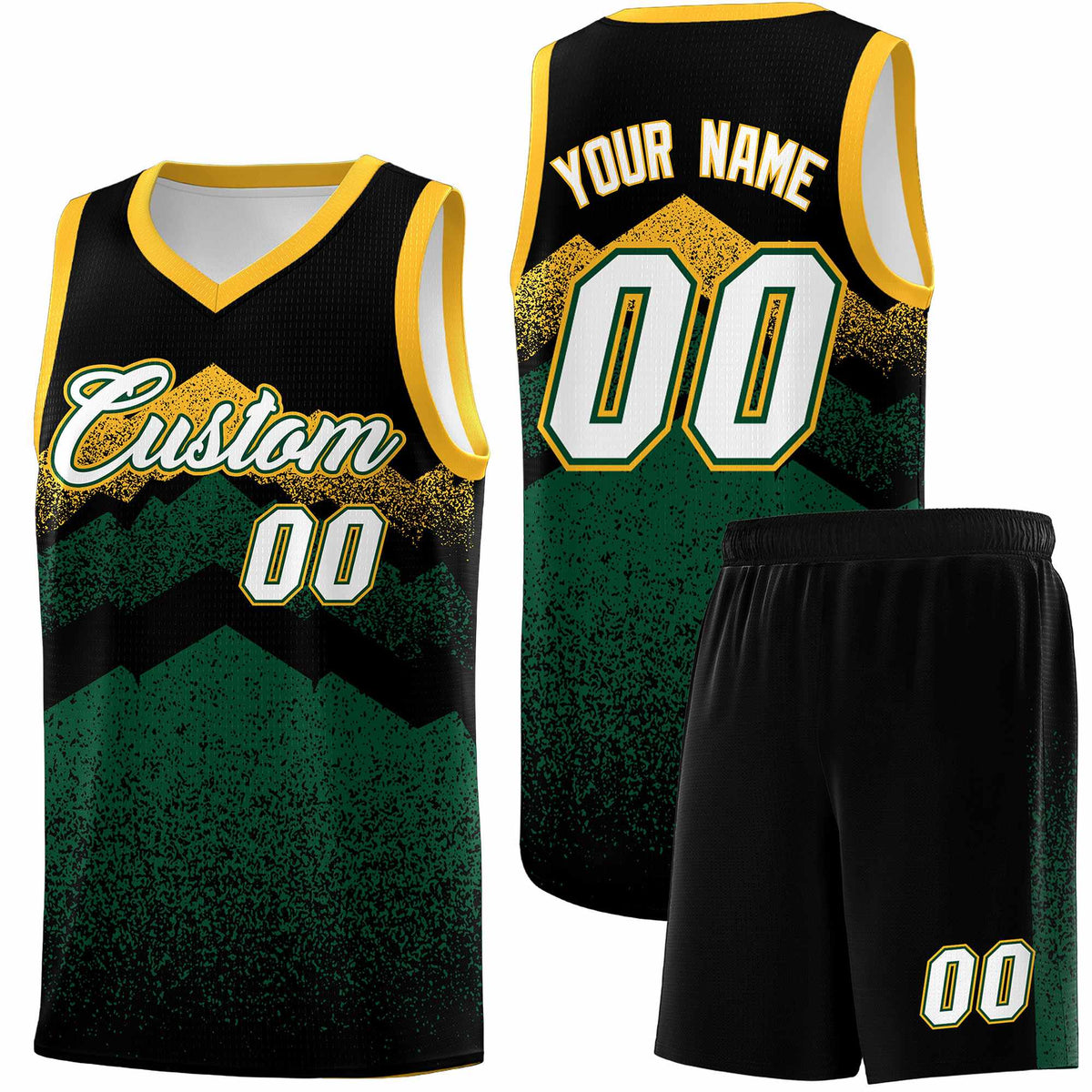 Custom Youth Basketball Jerseys Black Green Gradient Mountain Design Uniforms