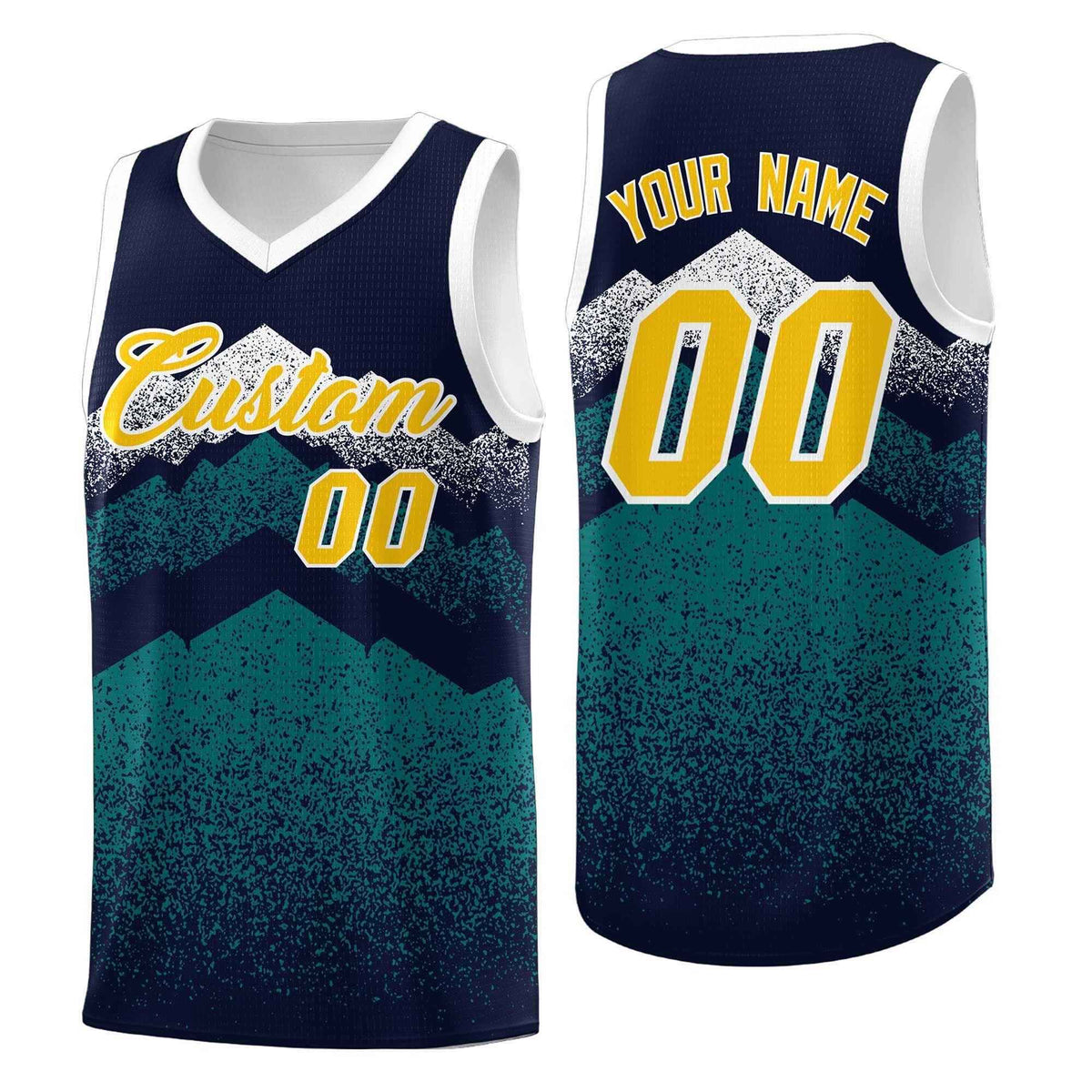 Custom Youth Basketball Jerseys Navy Teal Gradient Mountain Design Uniforms