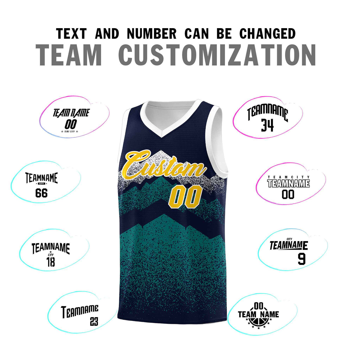 Custom Youth Basketball Jerseys Navy Teal Gradient Mountain Design Uniforms