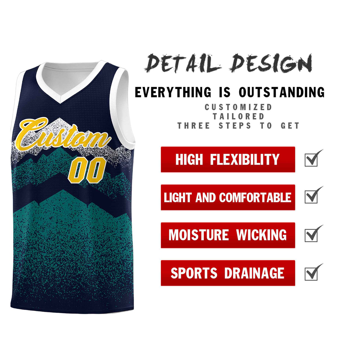 Custom Youth Basketball Jerseys Navy Teal Gradient Mountain Design Uniforms