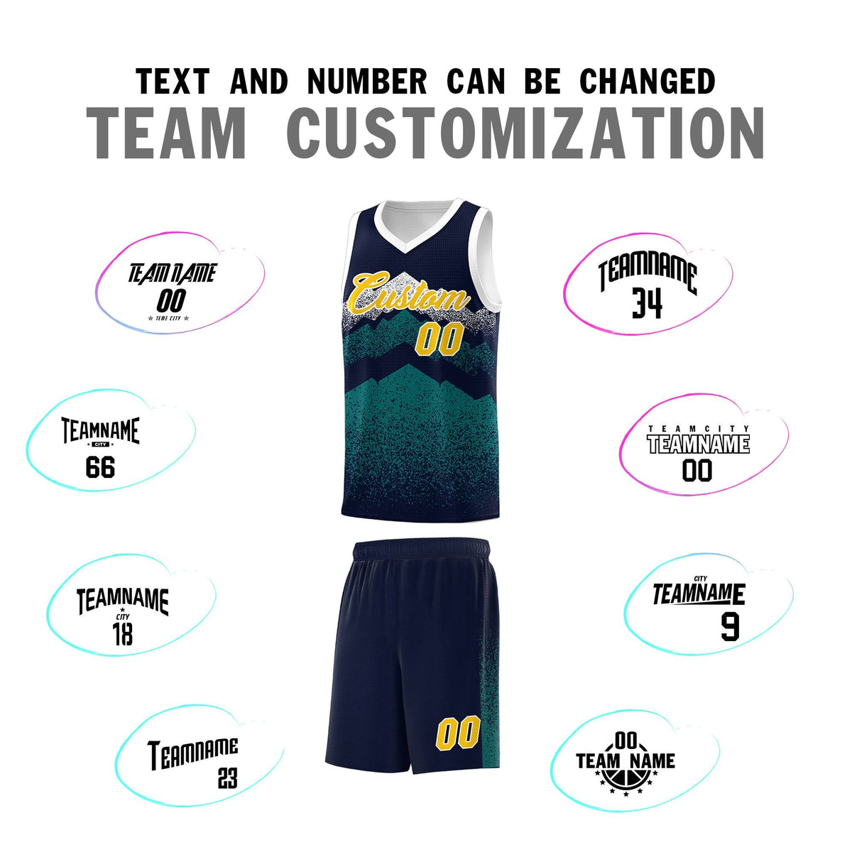 Custom Youth Basketball Jerseys Navy Teal Gradient Mountain Design Uniforms