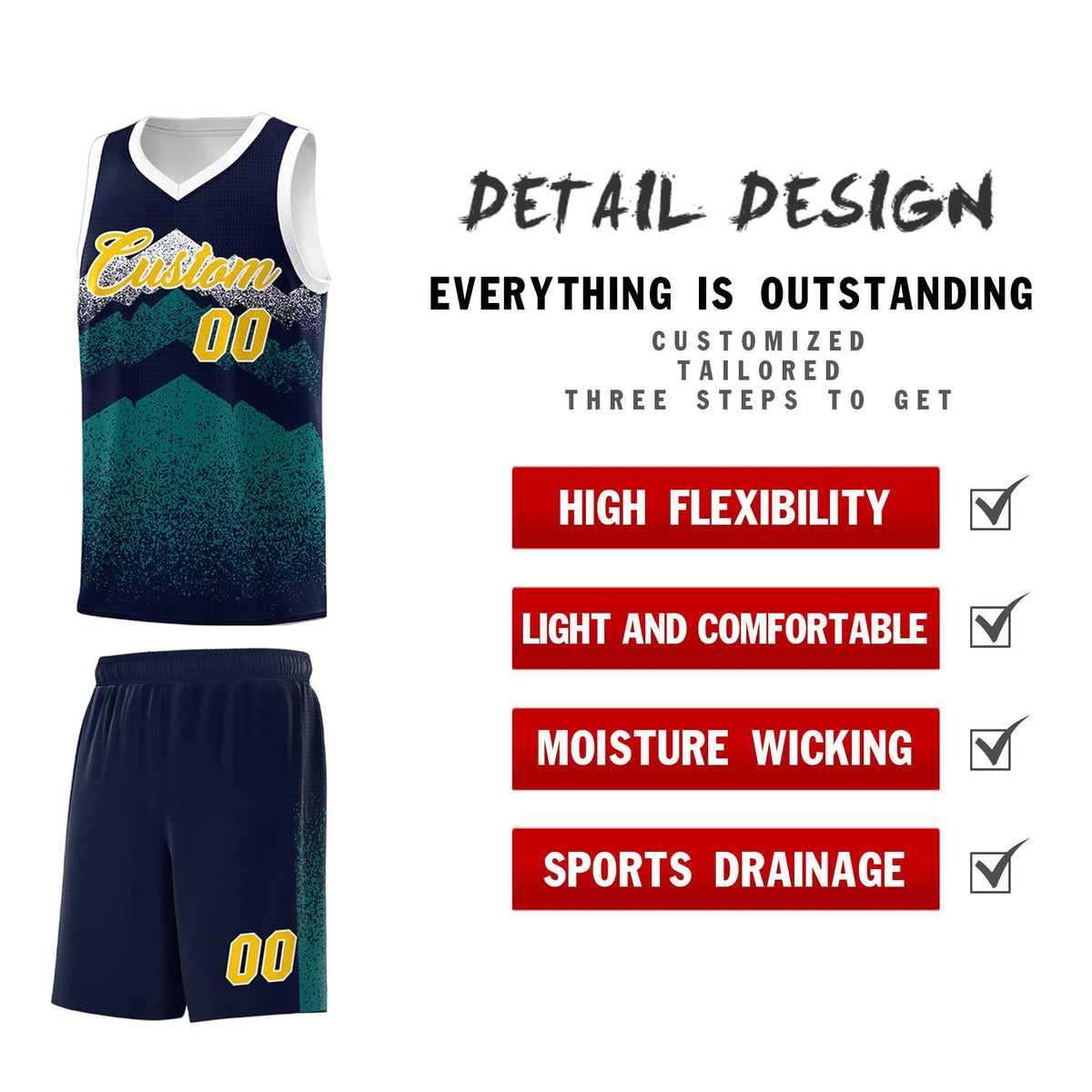 Custom Youth Basketball Jerseys Navy Teal Gradient Mountain Design Uniforms