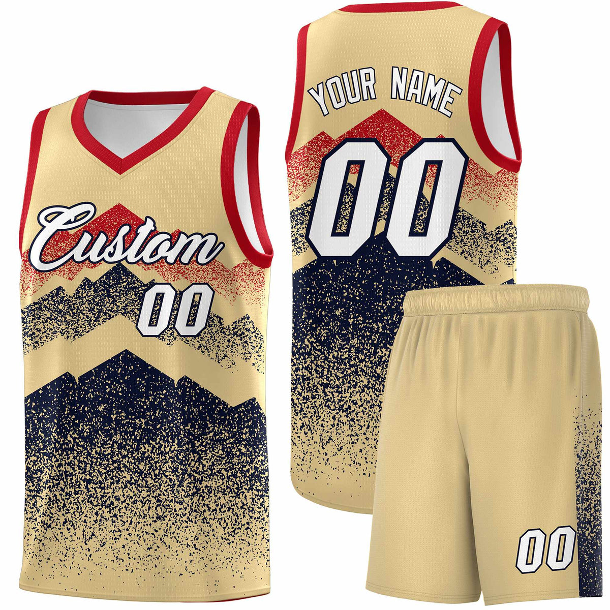 Custom Youth Basketball Jerseys Khaki Navy Gradient Mountain Design Uniforms