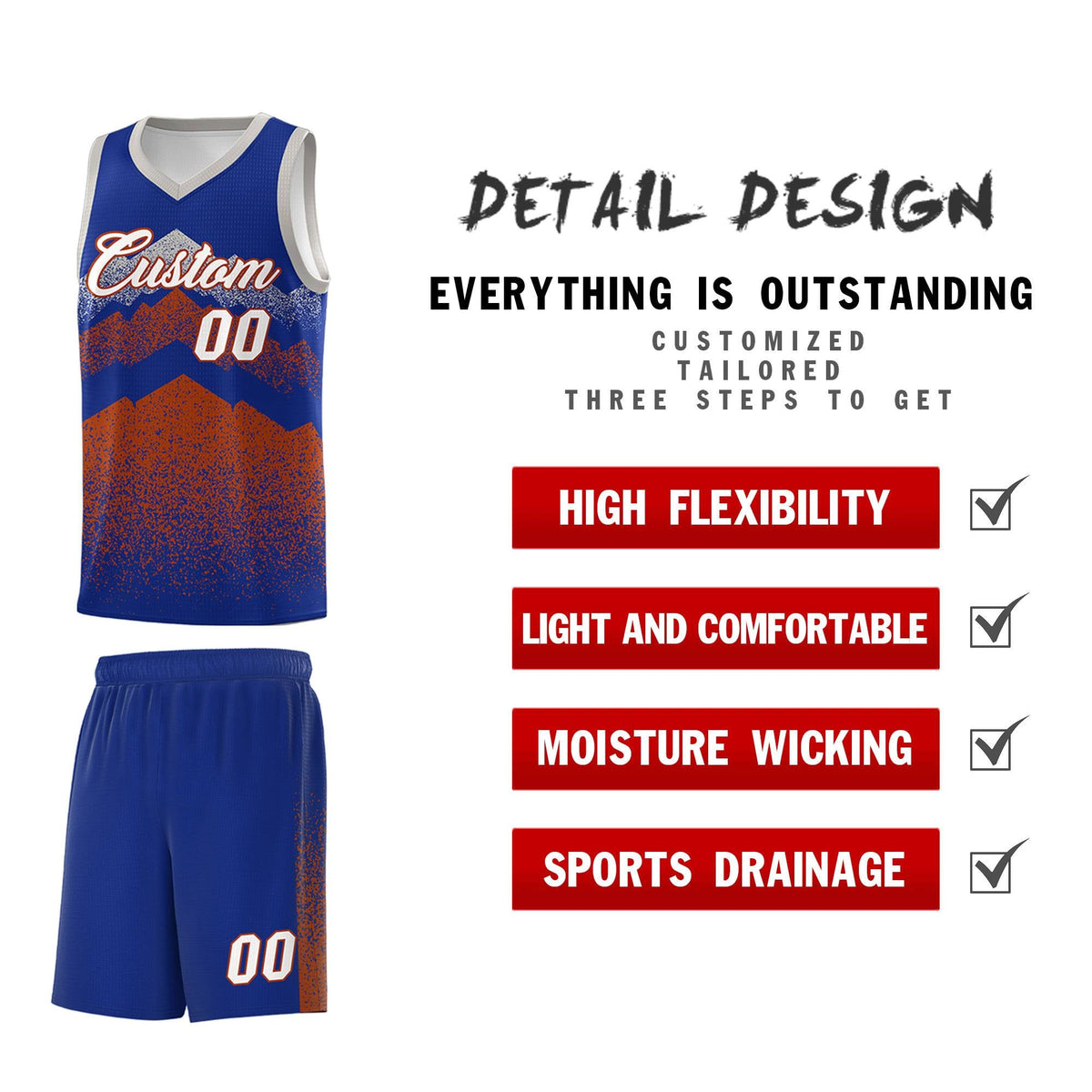 Custom Youth Basketball Jerseys Royal Dark Orange Gradient Mountain Design Uniforms