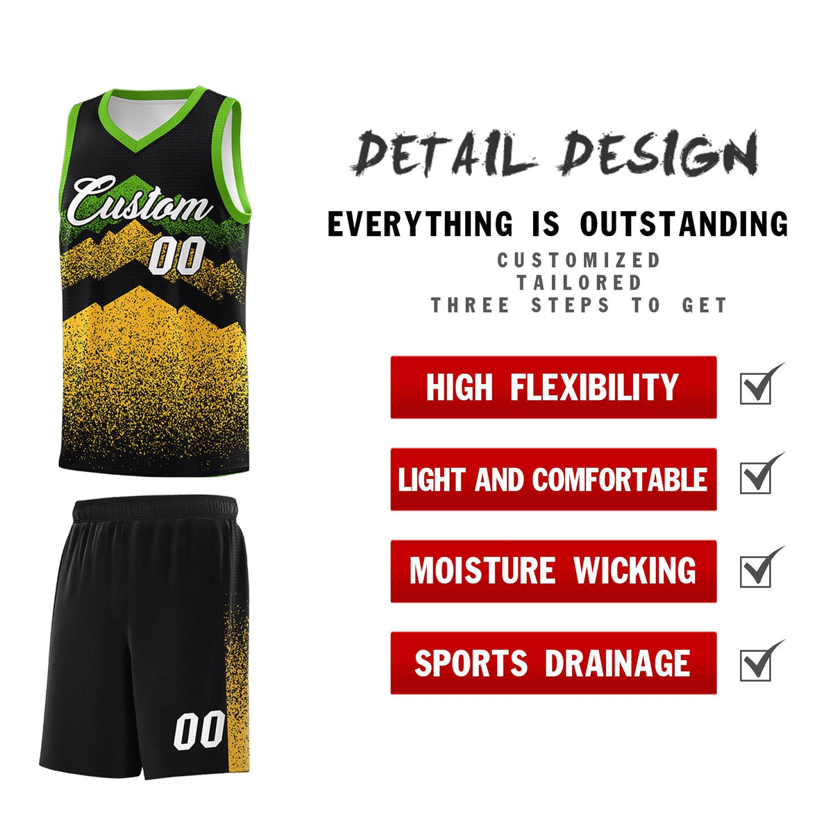 Personalized Youth Basketball Jerseys   Black Gold Gradient Mountain Design Uniforms