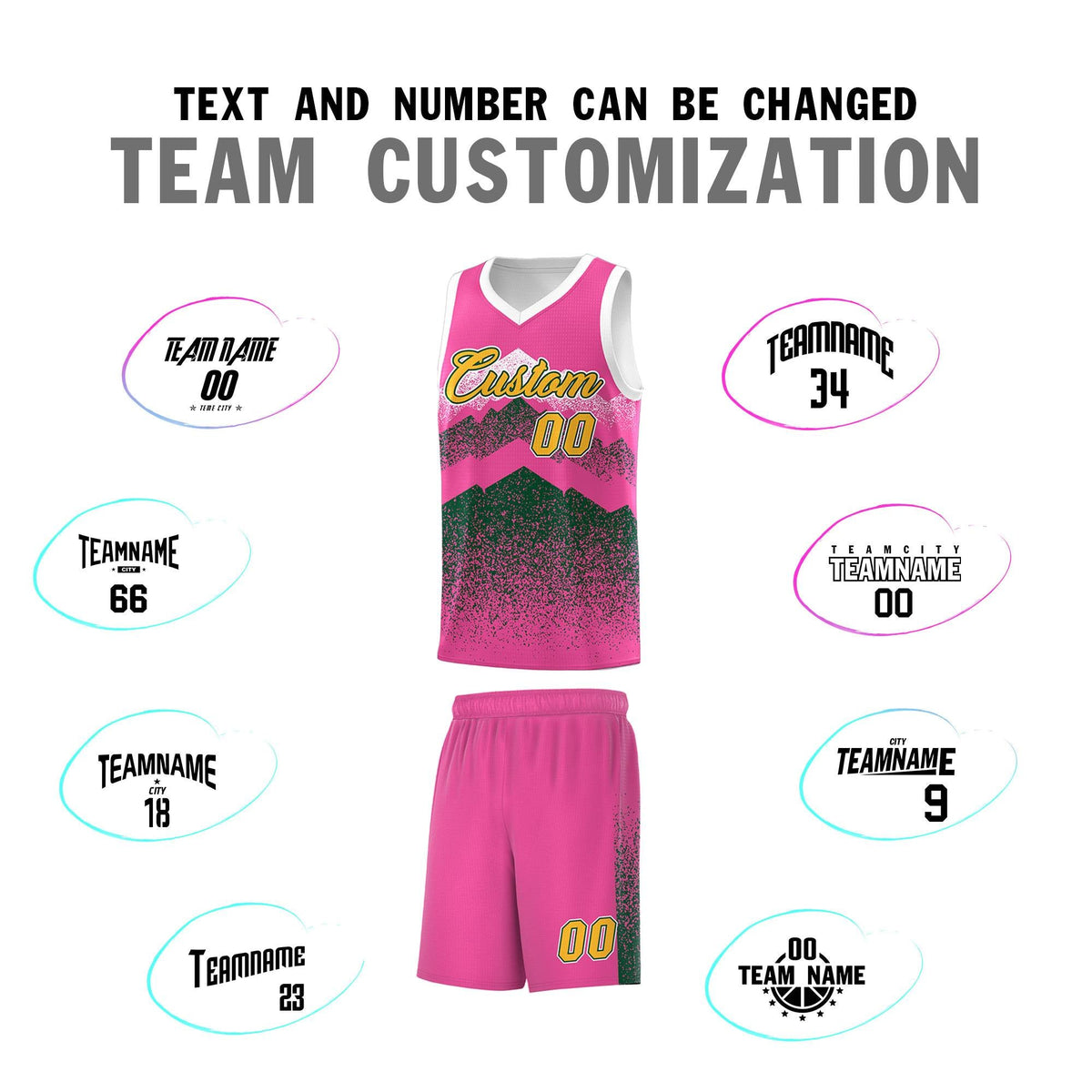 Personalized Youth Basketball Jerseys   Pink Green Gradient Mountain Design Uniforms