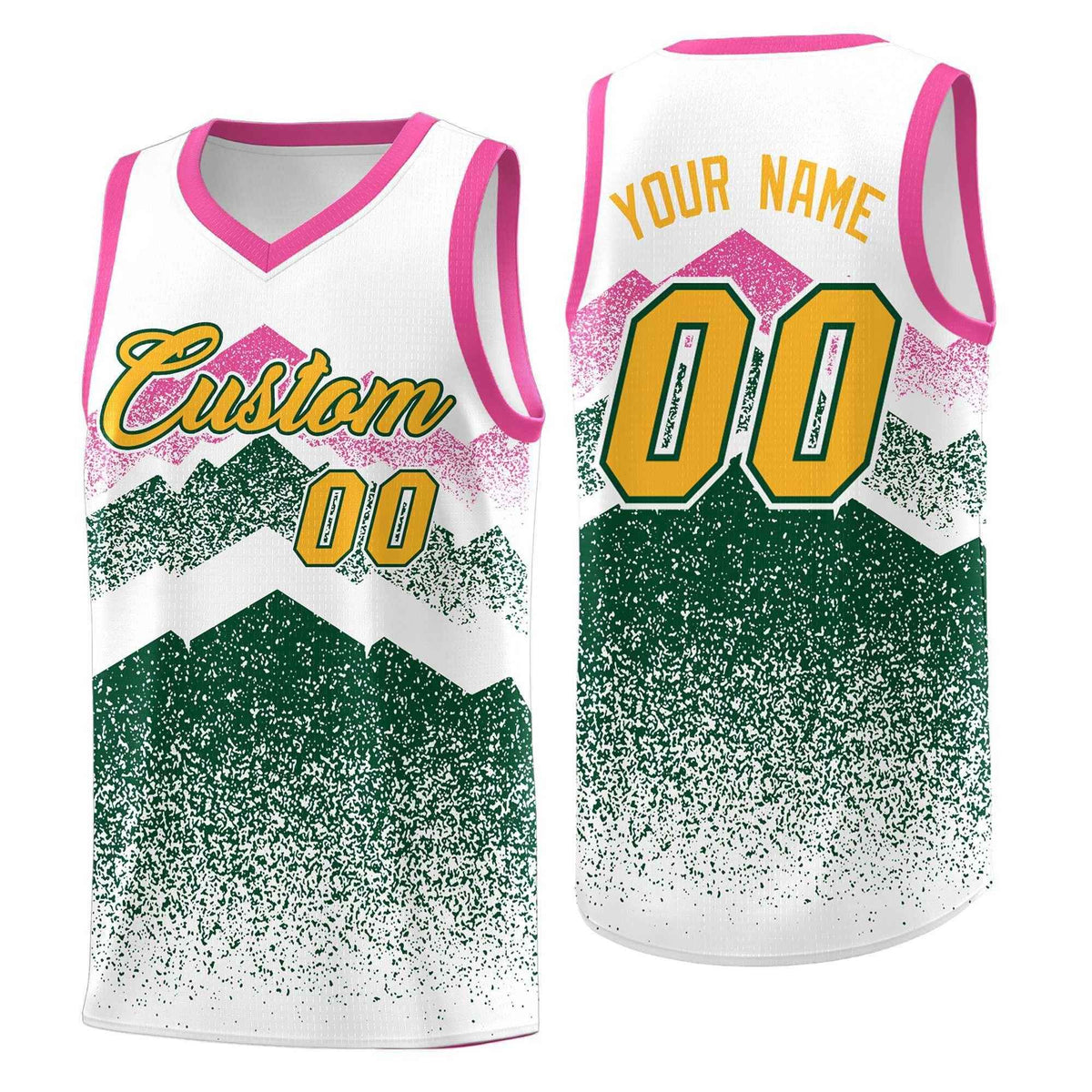 Custom Youth Basketball Jerseys White Green Gradient Mountain Design Uniforms