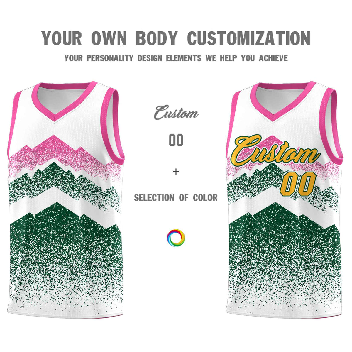 Custom Youth Basketball Jerseys White Green Gradient Mountain Design Uniforms