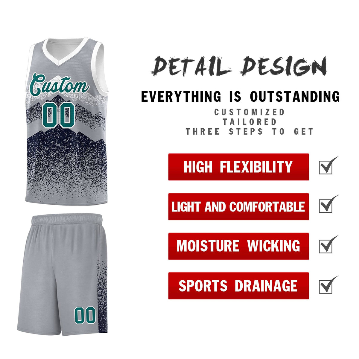 Custom Youth Basketball Jerseys Gray Navy Gradient Mountain Design Uniforms