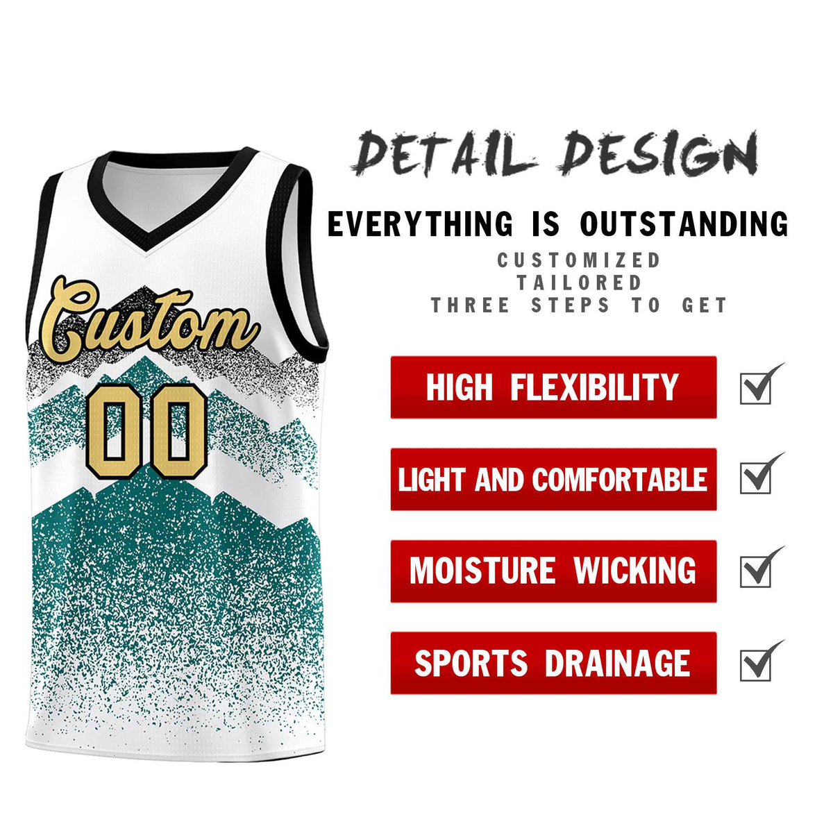 Custom Youth Basketball Jerseys White Teal Gradient Mountain Design Uniforms