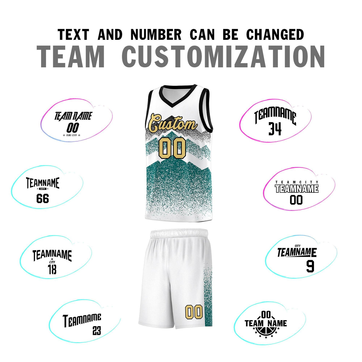 Custom Youth Basketball Jerseys White Teal Gradient Mountain Design Uniforms