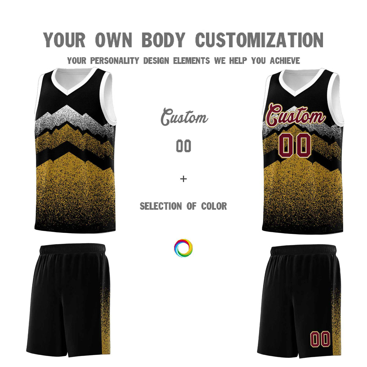 Custom Youth Basketball Jerseys Black Old Gold Gradient Mountain Design Uniforms