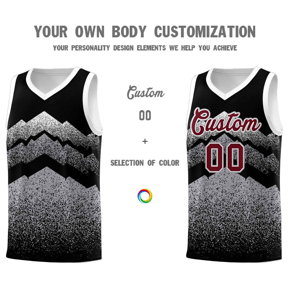 Personalized Youth Basketball Jerseys   Black Gray Gradient Mountain Design Uniforms