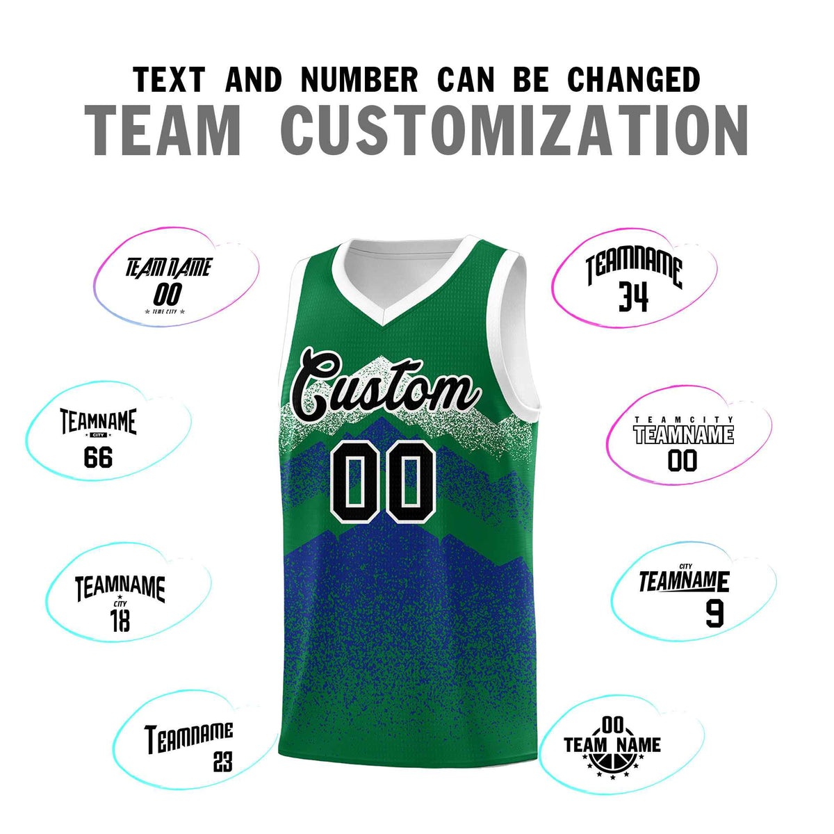 Custom Youth Basketball Jerseys Green Royal Gradient Mountain Design Uniforms