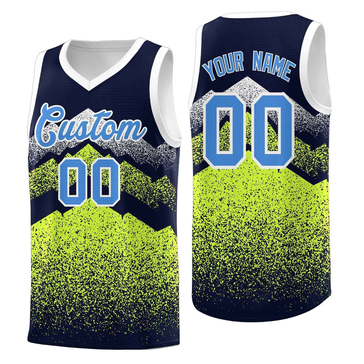 Personalized Youth Basketball Jerseys   Navy Neon Green Gradient Mountain Design Uniforms