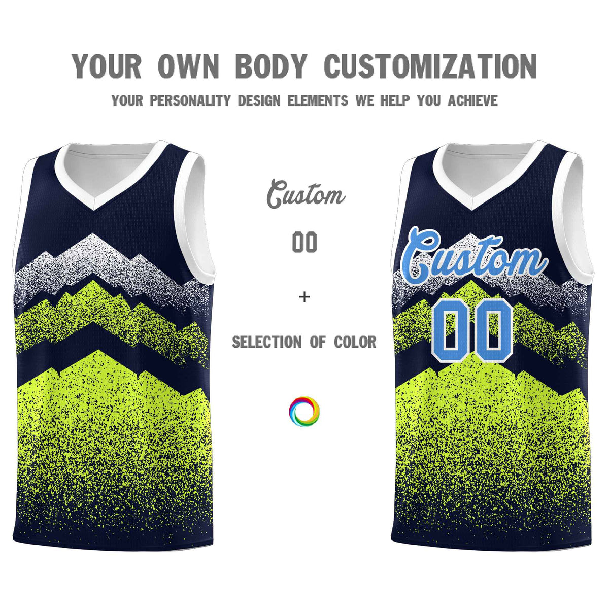Personalized Youth Basketball Jerseys   Navy Neon Green Gradient Mountain Design Uniforms