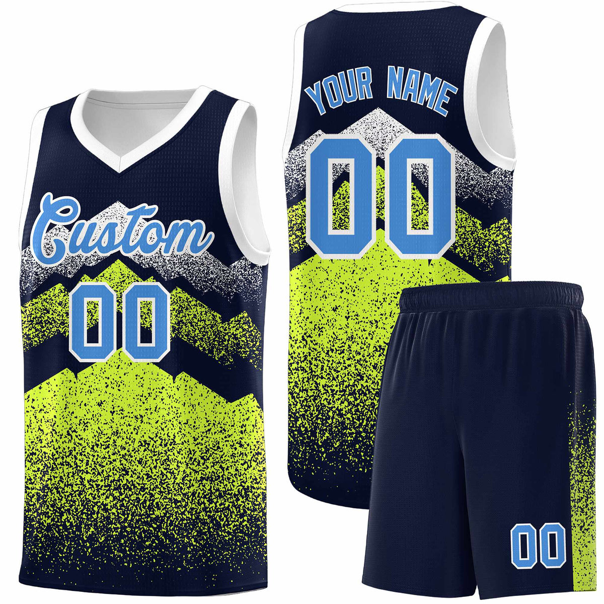 Personalized Youth Basketball Jerseys   Navy Neon Green Gradient Mountain Design Uniforms
