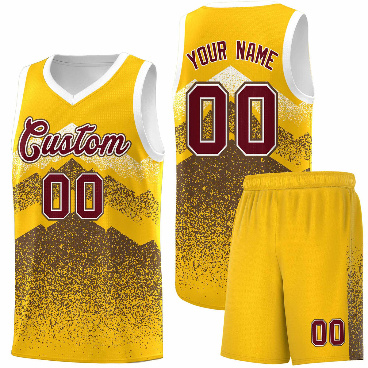 Custom Youth Basketball Jerseys Gold Coffee Gradient Mountain Design Uniforms
