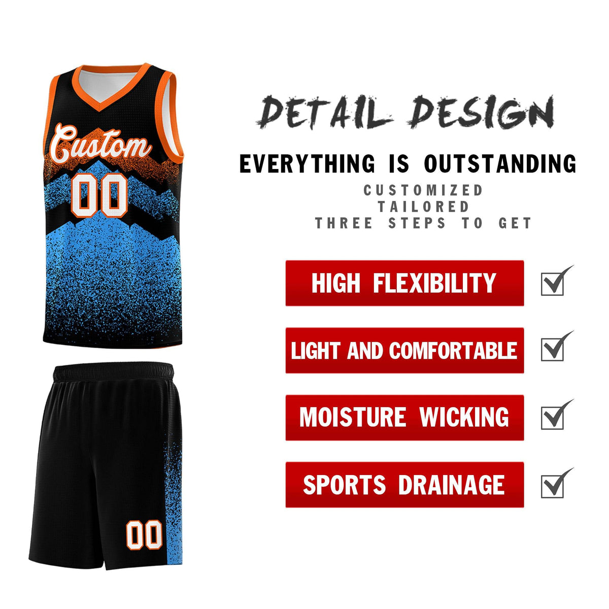 Personalized Youth Basketball Jerseys   Black Powder Blue Gradient Mountain Design Uniforms