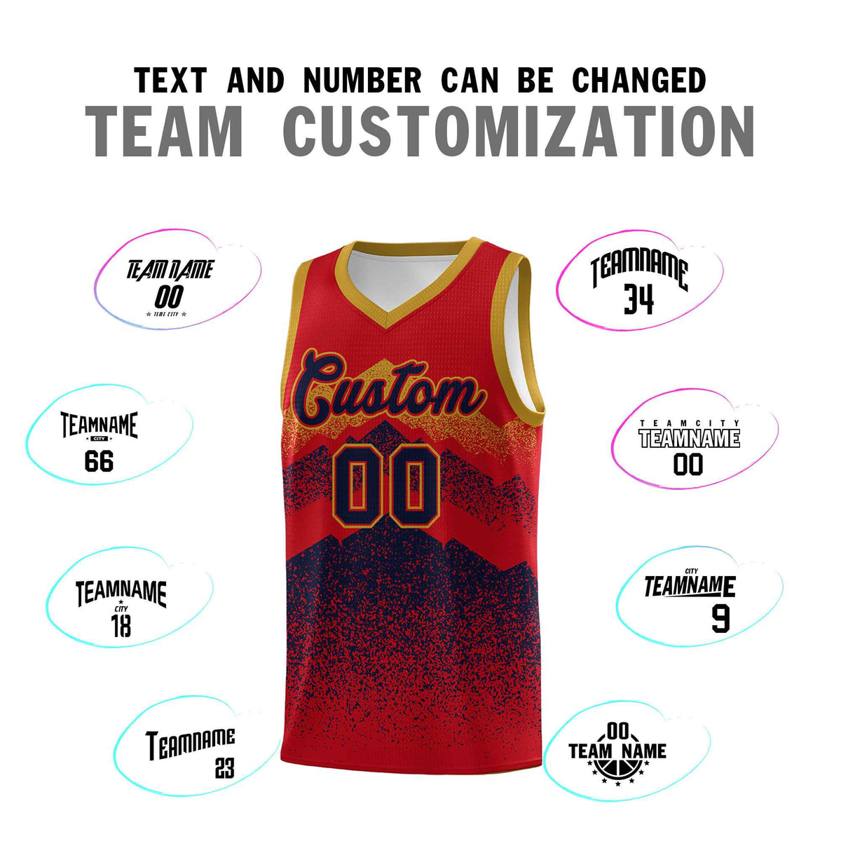 Personalized Youth Basketball Jerseys   Red Navy Gradient Mountain Design Uniforms