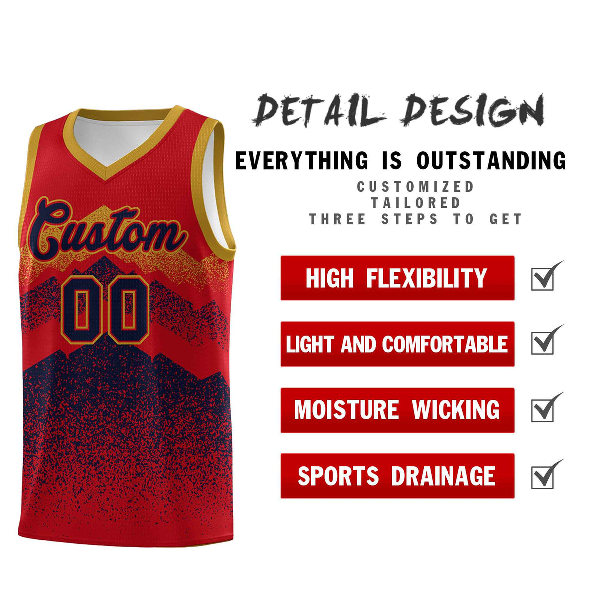 Personalized Youth Basketball Jerseys   Red Navy Gradient Mountain Design Uniforms