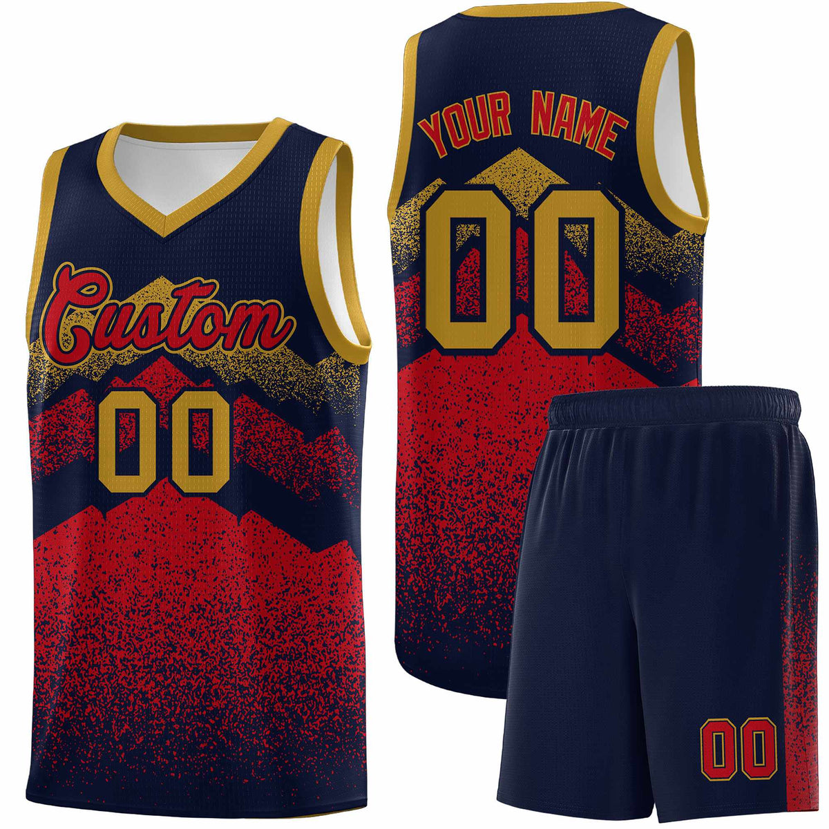 Custom Youth Basketball Jerseys Navy Red Gradient Mountain Design Uniforms