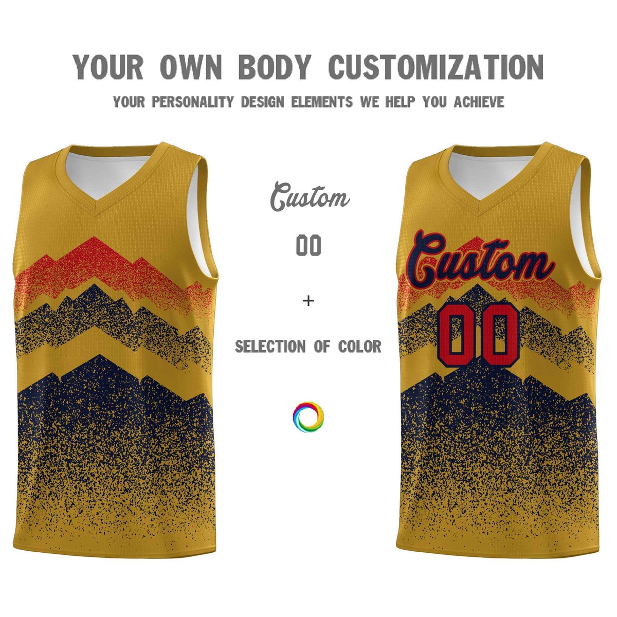 Personalized Youth Basketball Jerseys   Old Gold Navy Gradient Mountain Design Uniforms