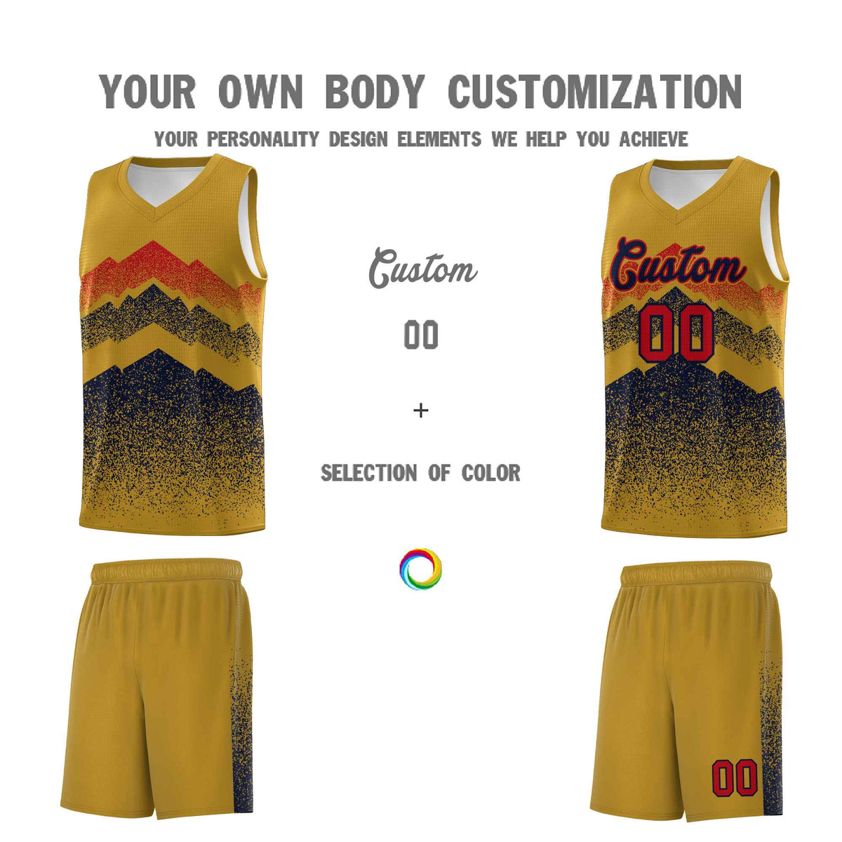 Personalized Youth Basketball Jerseys   Old Gold Navy Gradient Mountain Design Uniforms