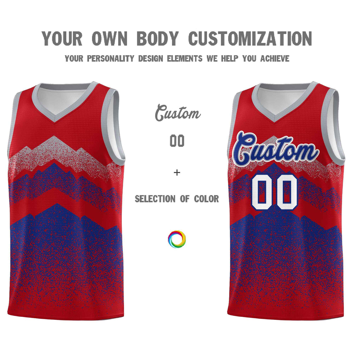 Custom Youth Basketball Jerseys Red Royal Gradient Mountain Design Uniforms