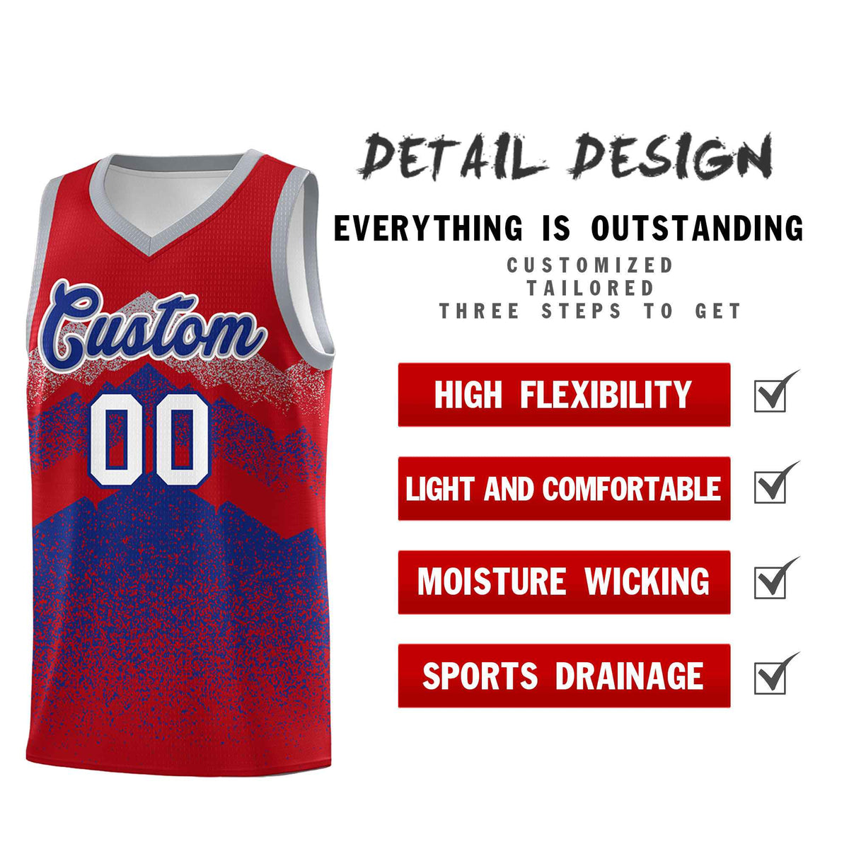 Custom Youth Basketball Jerseys Red Royal Gradient Mountain Design Uniforms