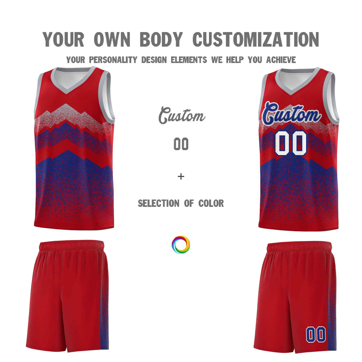Custom Youth Basketball Jerseys Red Royal Gradient Mountain Design Uniforms