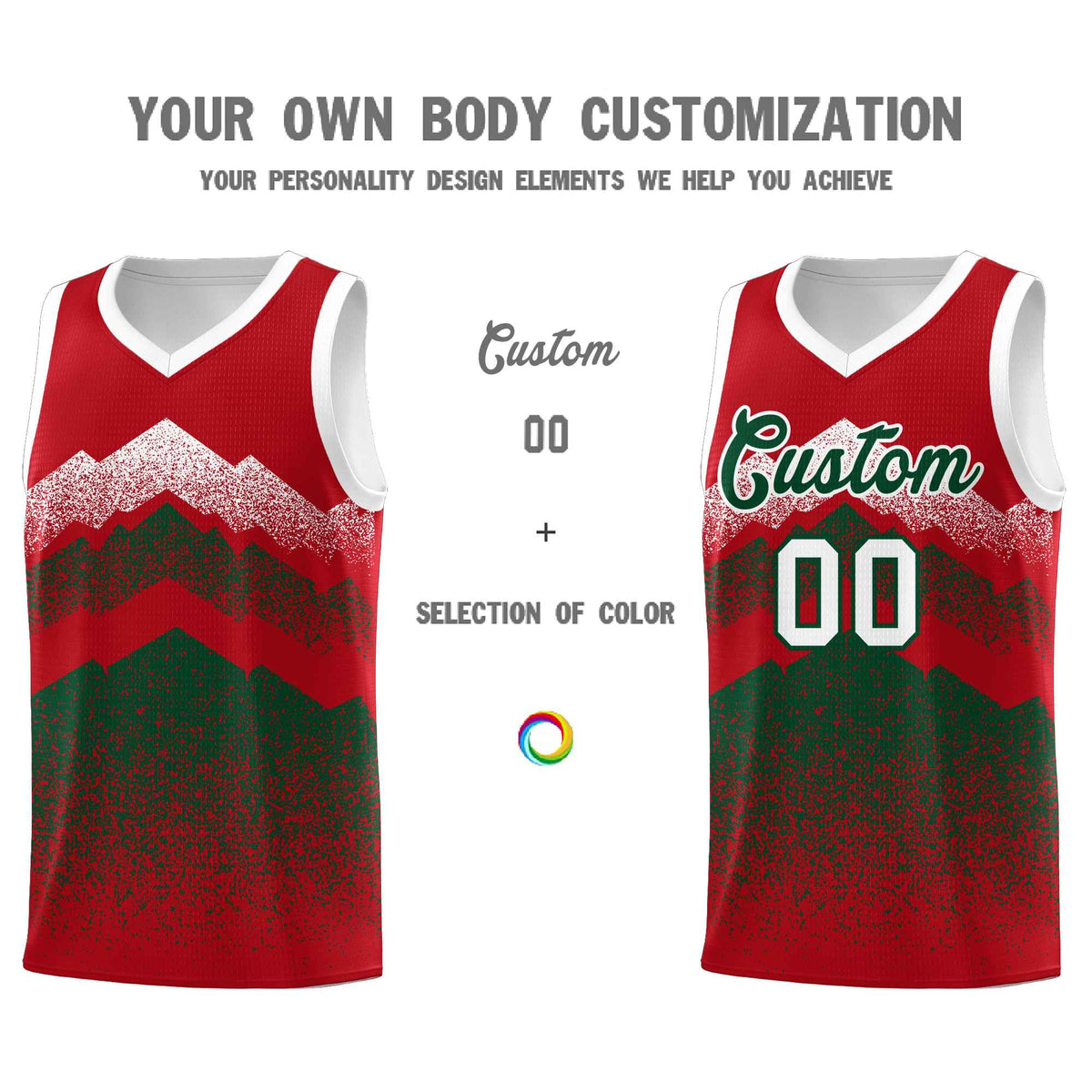 Custom Youth Basketball Jerseys Red Green Gradient Mountain Design Uniforms