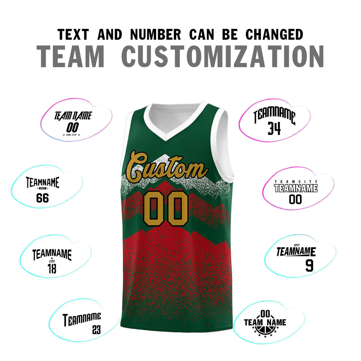 Personalized Youth Basketball Jerseys   Green Red Gradient Mountain Design Uniforms