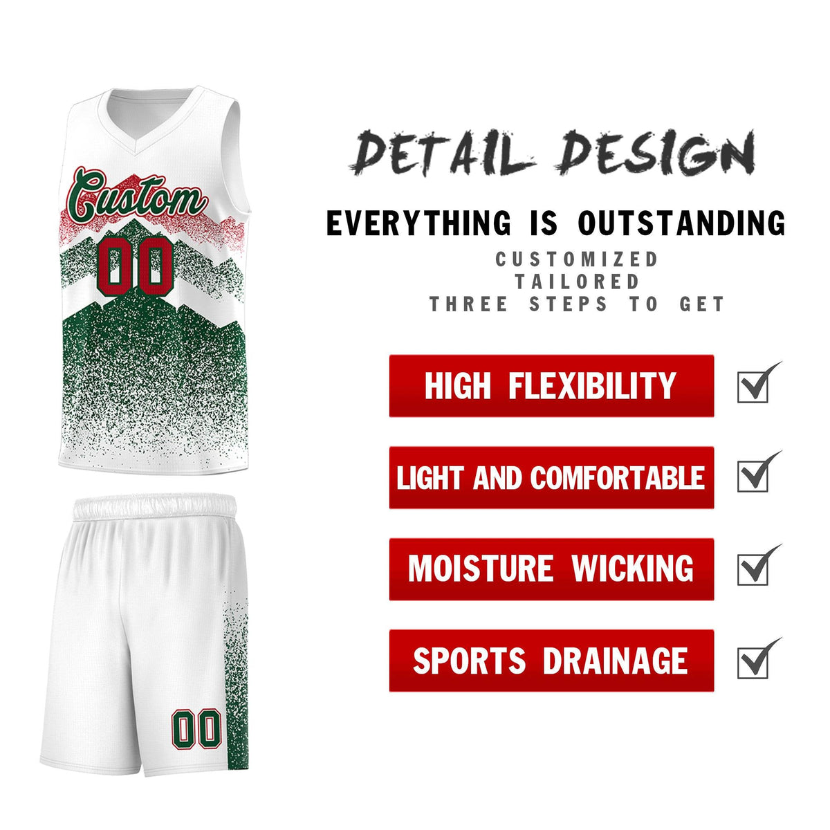 Custom Youth Basketball Jerseys White Green Gradient Mountain Design Uniforms