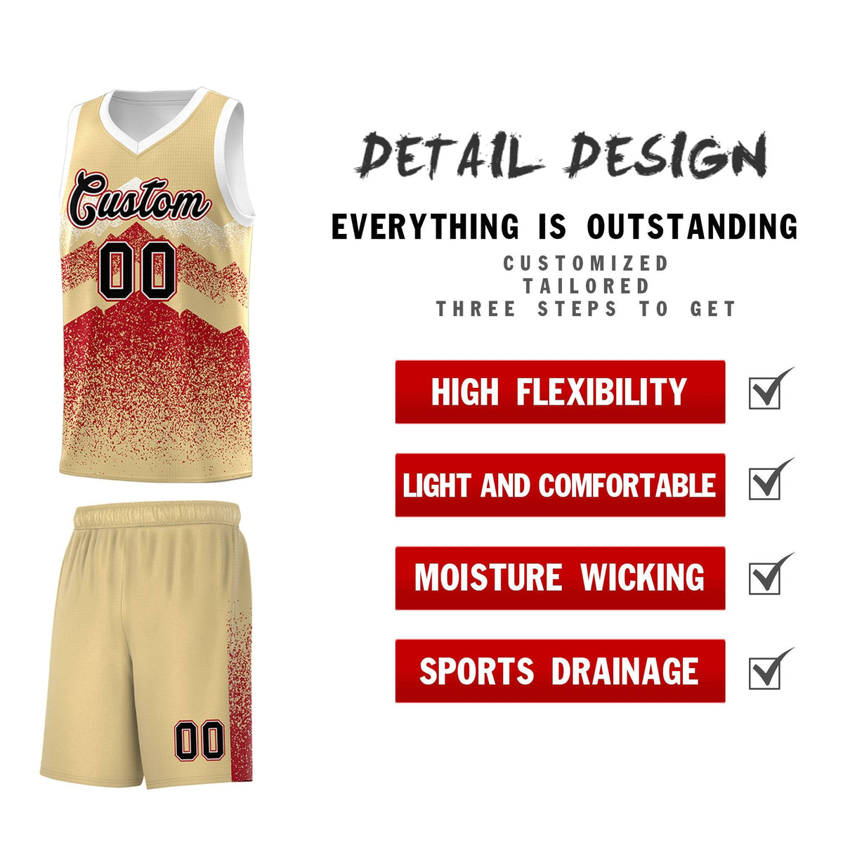 Custom Youth Basketball Jerseys Khaki Red Gradient Mountain Design Uniforms