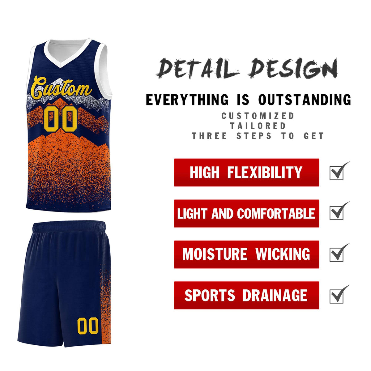 Personalized Youth Basketball Jerseys   Navy Orange Gradient Mountain Design Uniforms