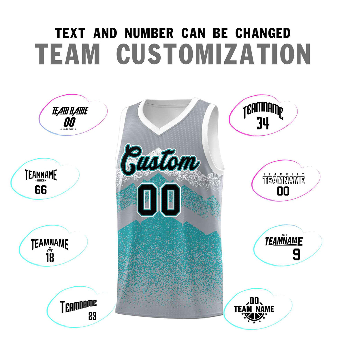 Personalized Youth Basketball Jerseys   Silver Teal Gradient Mountain Design Uniforms