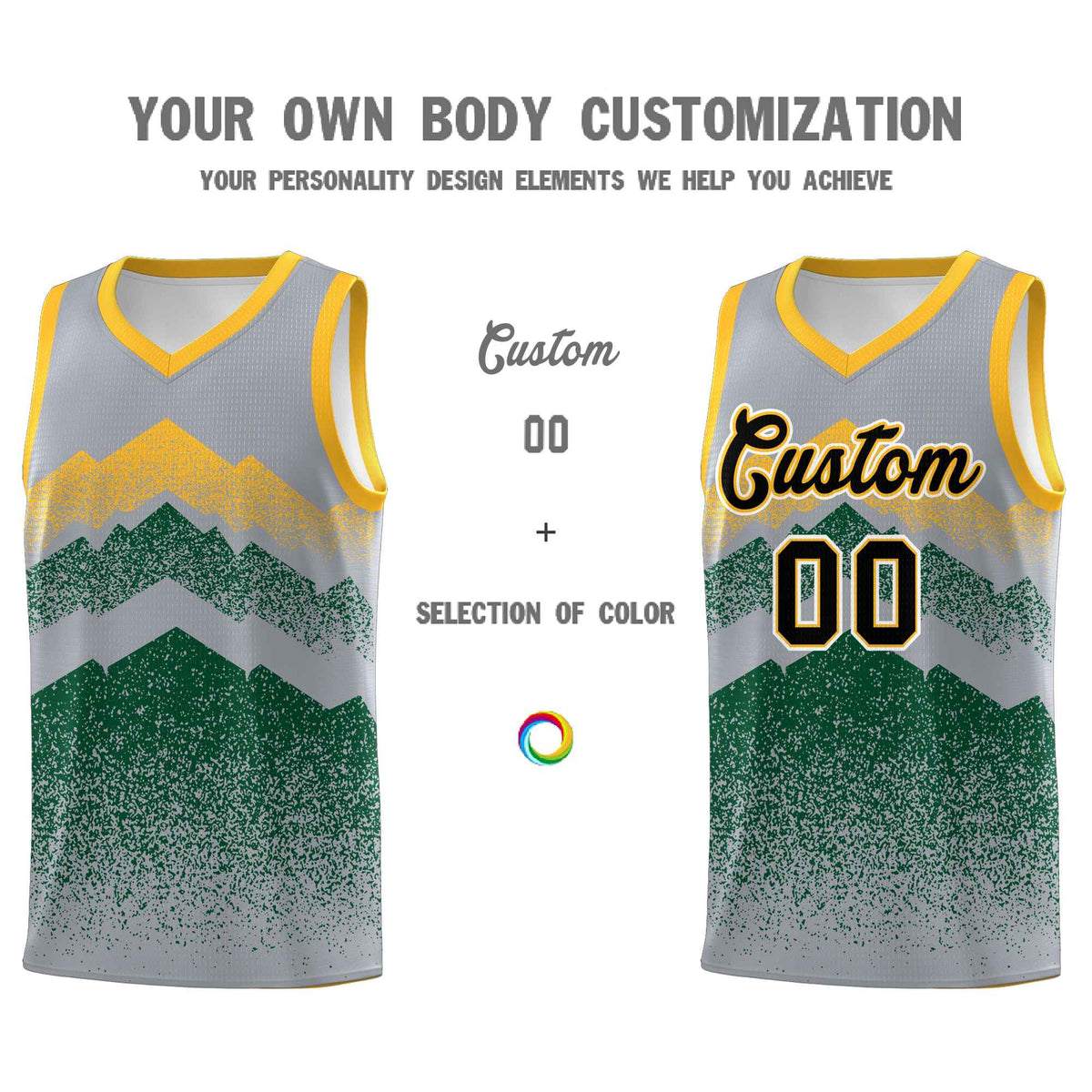 Personalized Youth Basketball Jerseys   Gray Green Gradient Mountain Design Uniforms