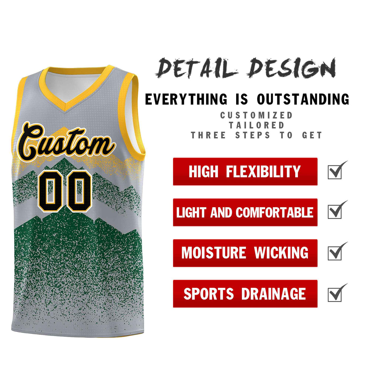 Personalized Youth Basketball Jerseys   Gray Green Gradient Mountain Design Uniforms